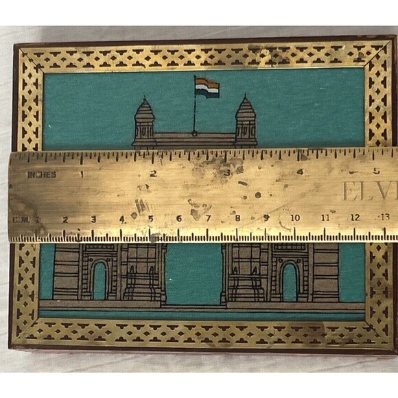 Glass Wood Trinket Jewelry Box Brass Inlay Trim Handmade Mumbai Gateway India - Picture 5 of 5